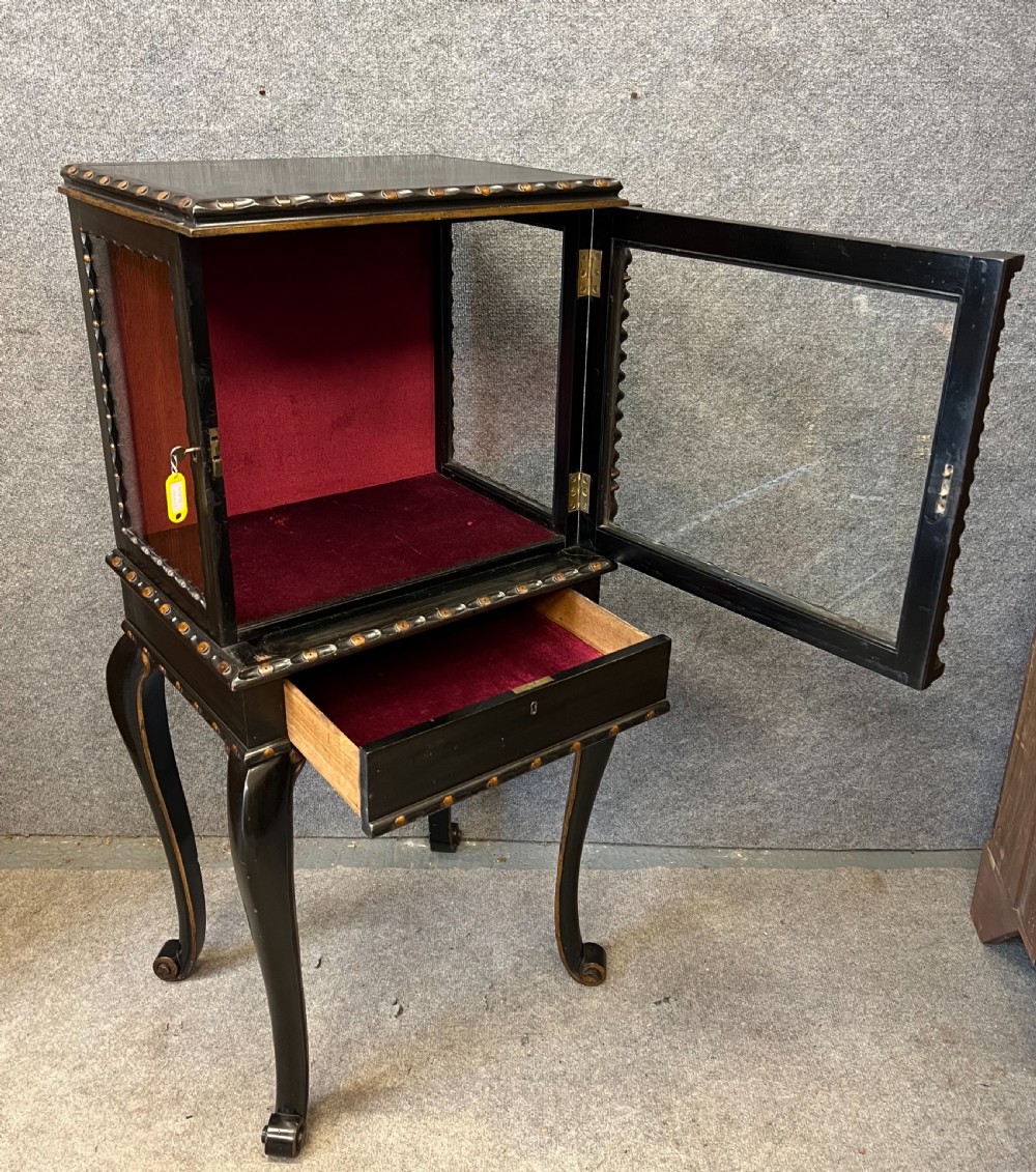 Antique Ebonised and Gilded Bijouterie Display Cabinet View IV