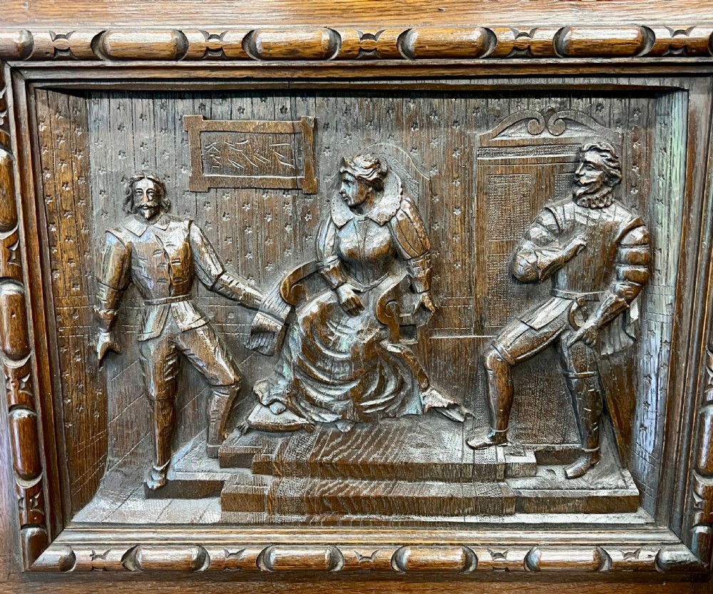 Superb Antique Carved Oak Elizabethan Style Monks Hall Bench View II