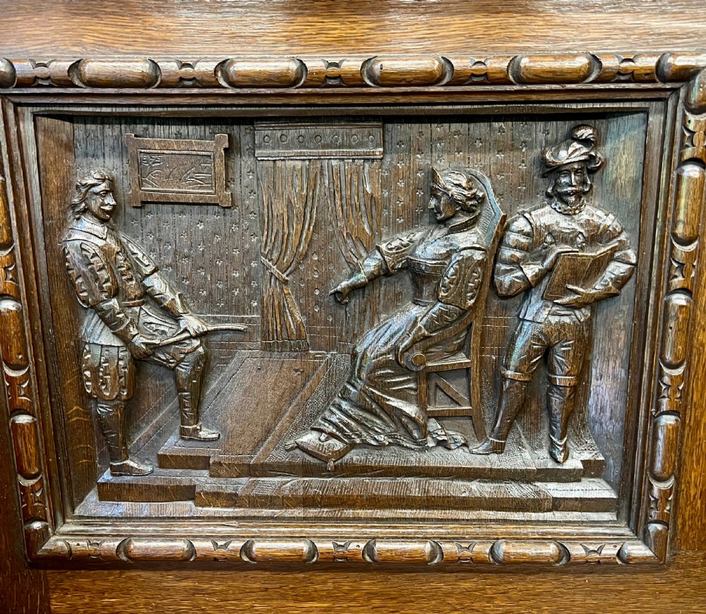 Superb Antique Carved Oak Elizabethan Style Monks Hall Bench View III