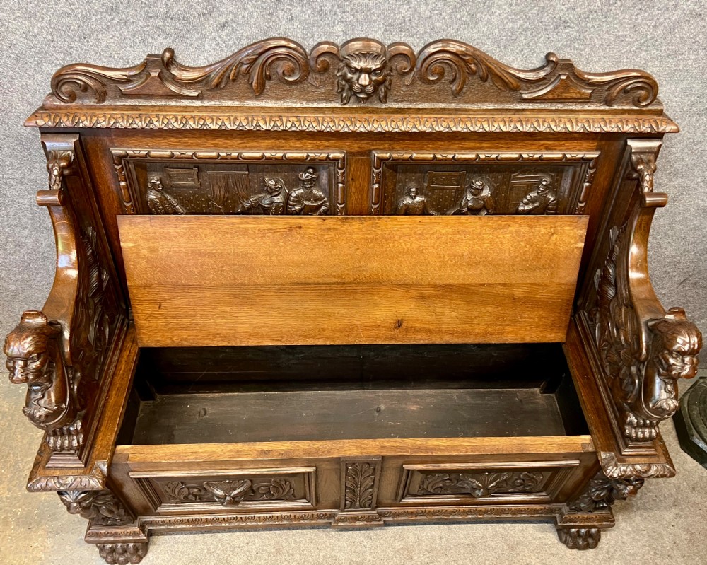 Superb Antique Carved Oak Elizabethan Style Monks Hall Bench View IV