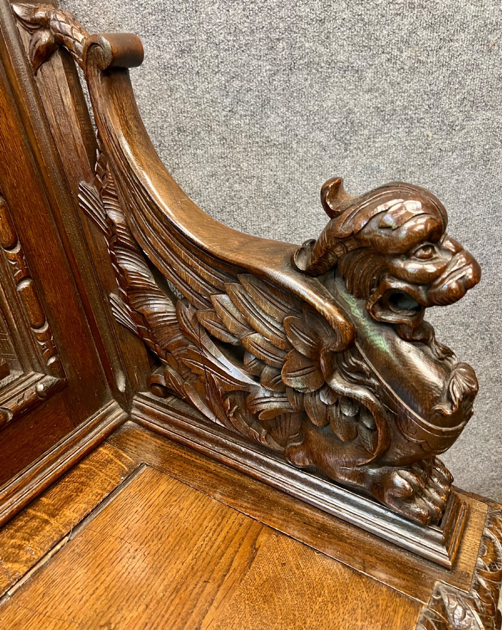 Superb Antique Carved Oak Elizabethan Style Monks Hall Bench View V