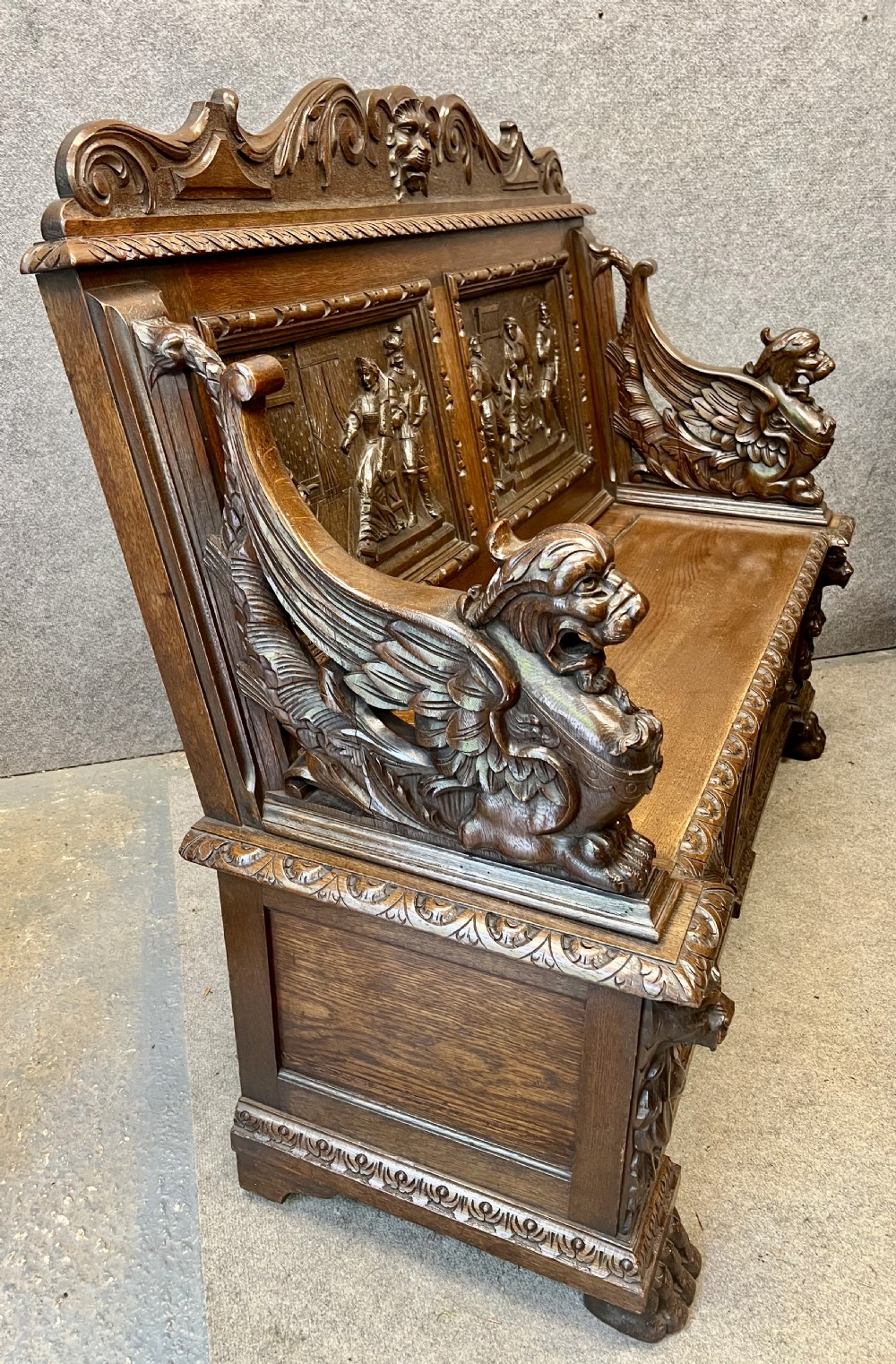 Superb Antique Carved Oak Elizabethan Style Monks Hall Bench View IX