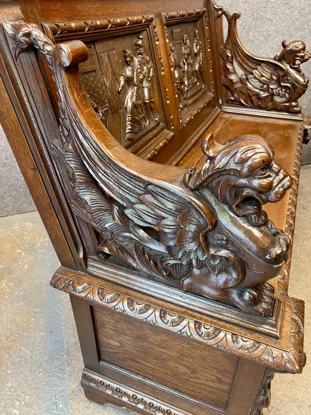 Superb Antique Carved Oak Elizabethan Style Monks Hall Bench View X