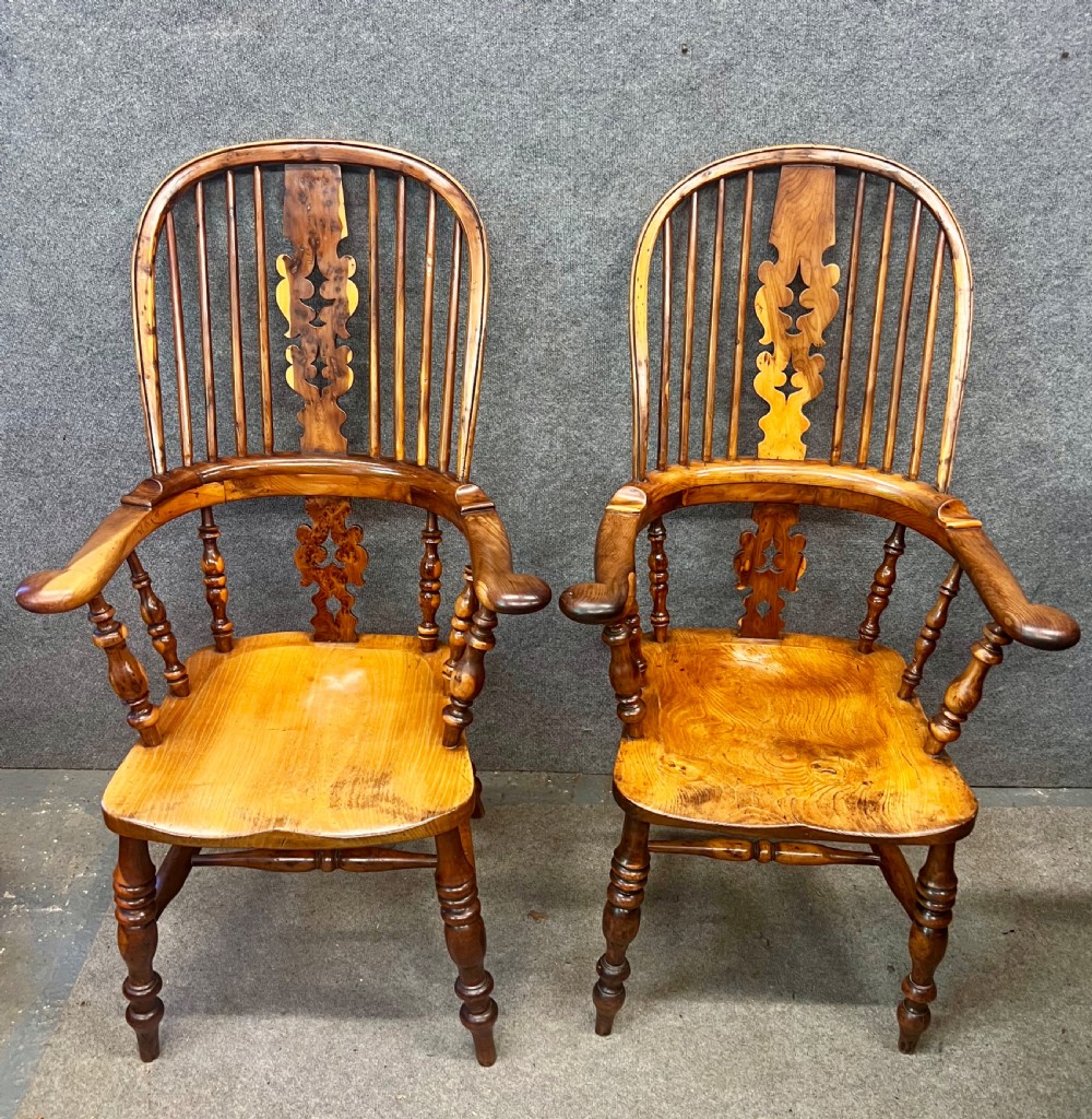 Pair of 19th C. Yew Wood Broad Arm Windsor Chairs View II