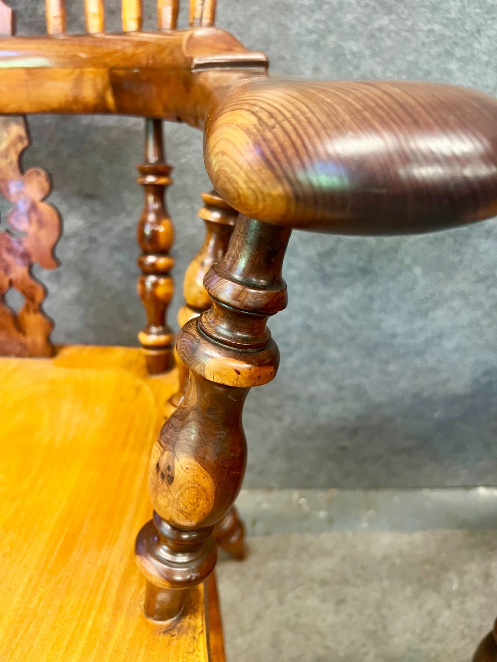 Pair of 19th C. Yew Wood Broad Arm Windsor Chairs View VII