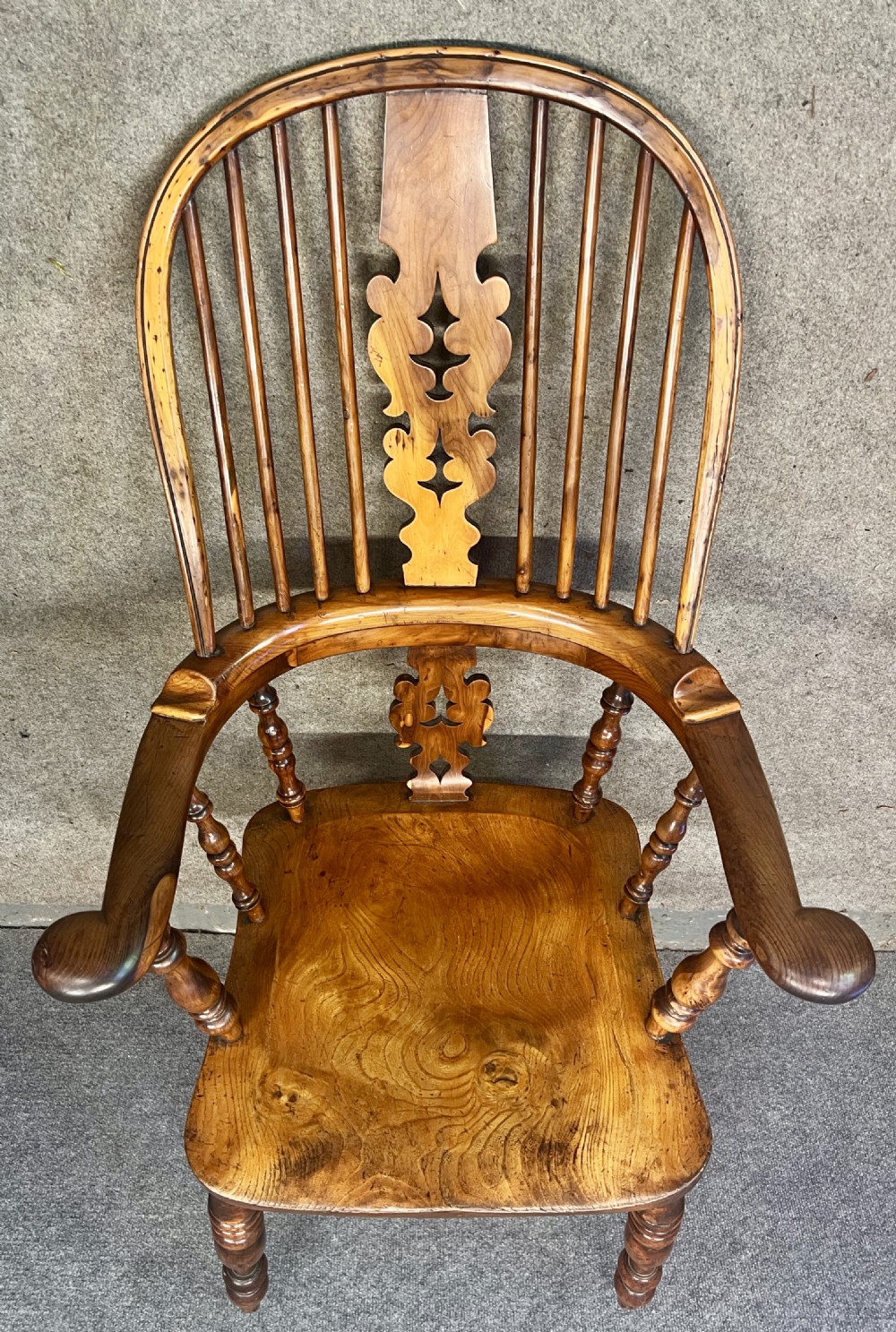 Pair of 19th C. Yew Wood Broad Arm Windsor Chairs View XVI