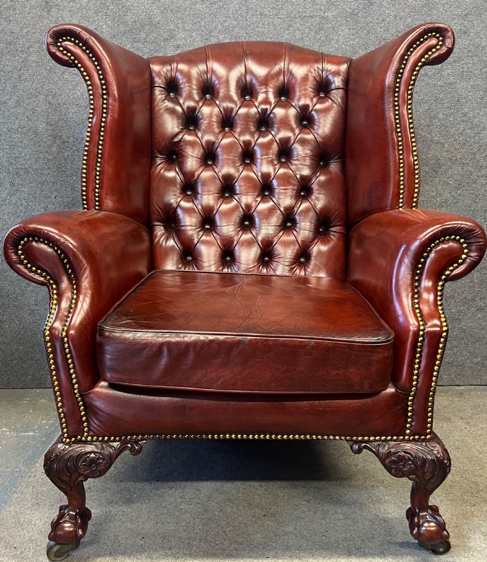 Large Georgian Style Leather & Mahogany Winged Armchair