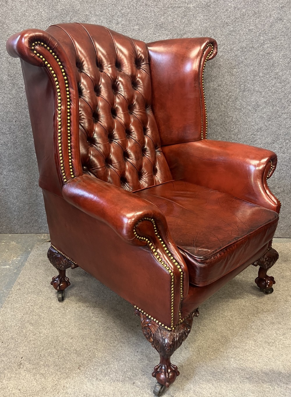 Large Georgian Style Leather & Mahogany Winged Armchair View II