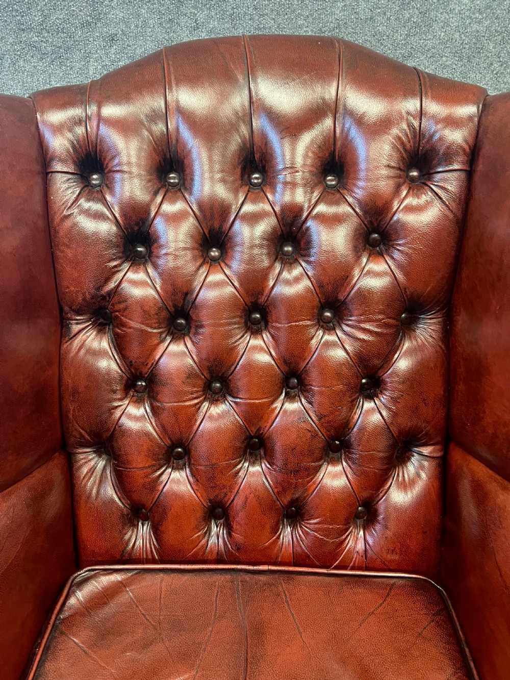 Large Georgian Style Leather & Mahogany Winged Armchair View III