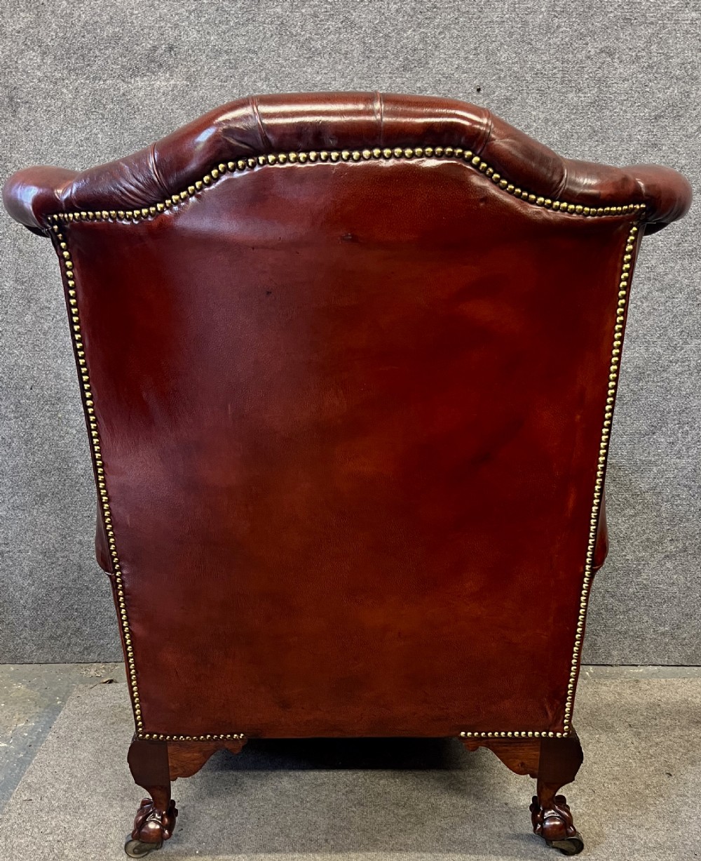 Large Georgian Style Leather & Mahogany Winged Armchair View VI