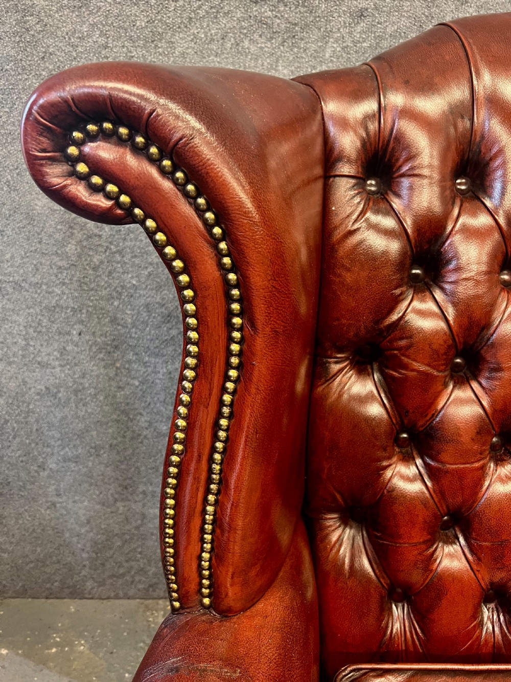 Large Georgian Style Leather & Mahogany Winged Armchair View VII