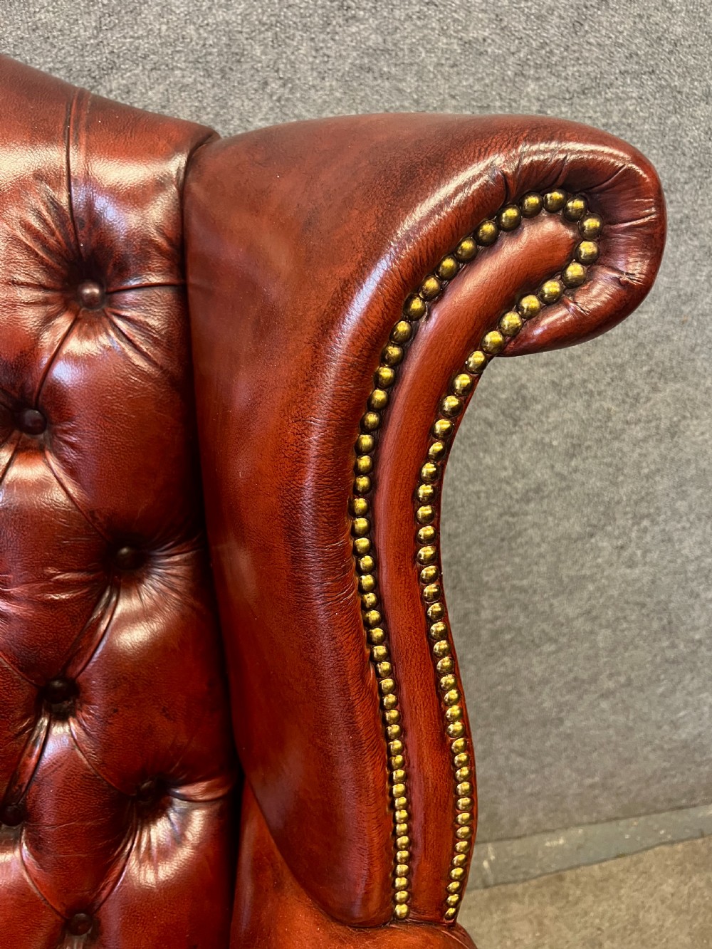 Large Georgian Style Leather & Mahogany Winged Armchair View VIII