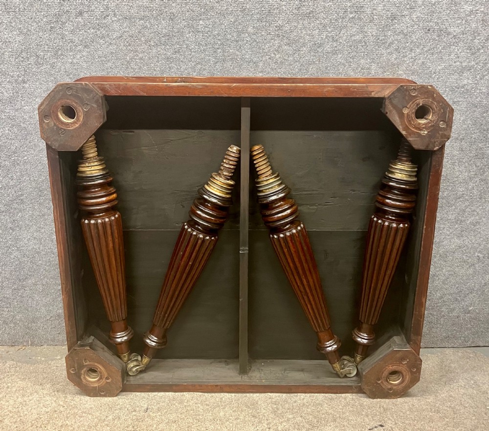 A 19th-century mahogany campaign table featuring turned fluted legs with brass castors and a rectangular polished top. View II