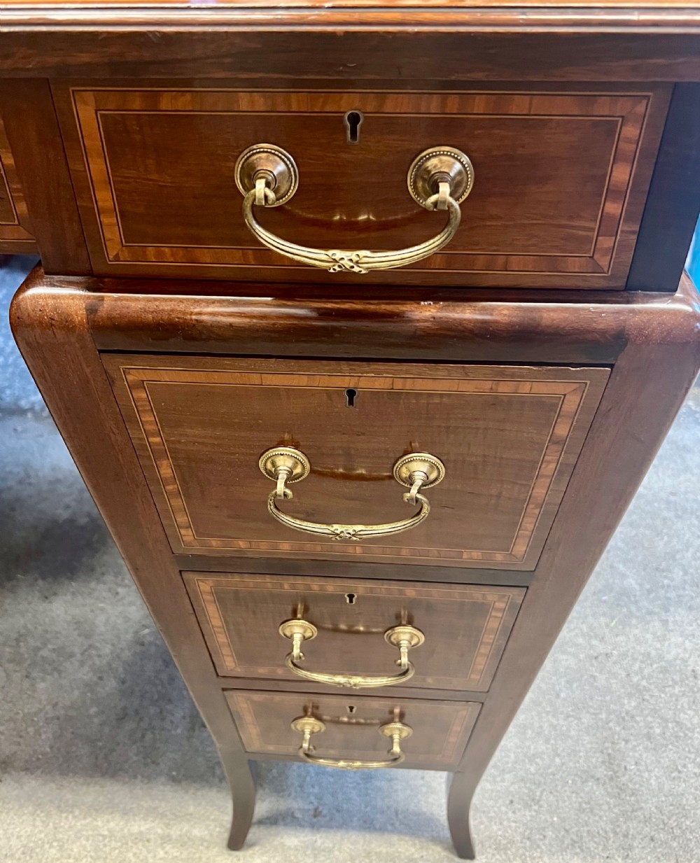 Good Quality Unusual Mahogany & Inlaid Antique Desk View VII