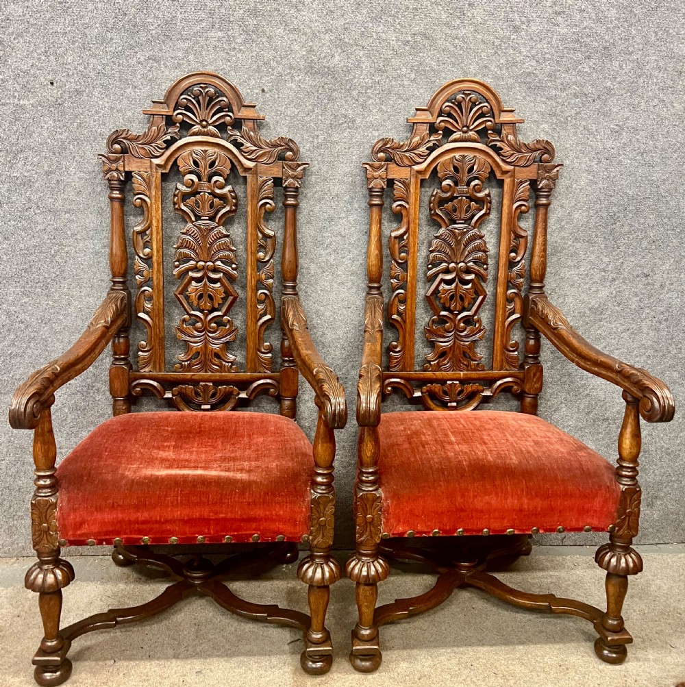 Large Pair of Carolean Style Oak Throne Chairs