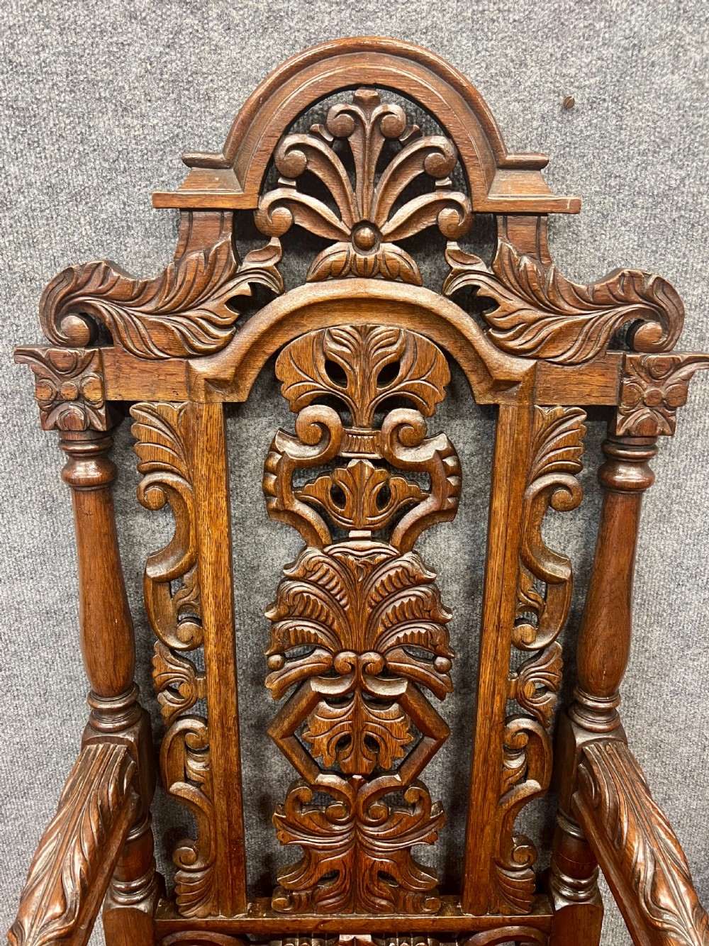 Large Pair of Carolean Style Oak Throne Chairs View II