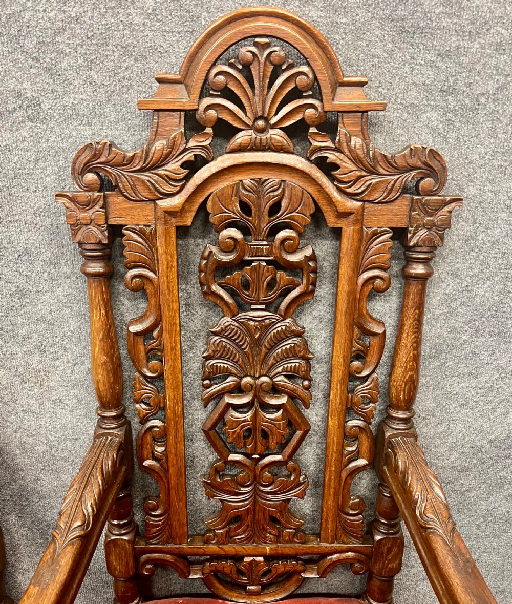 Large Pair of Carolean Style Oak Throne Chairs View III