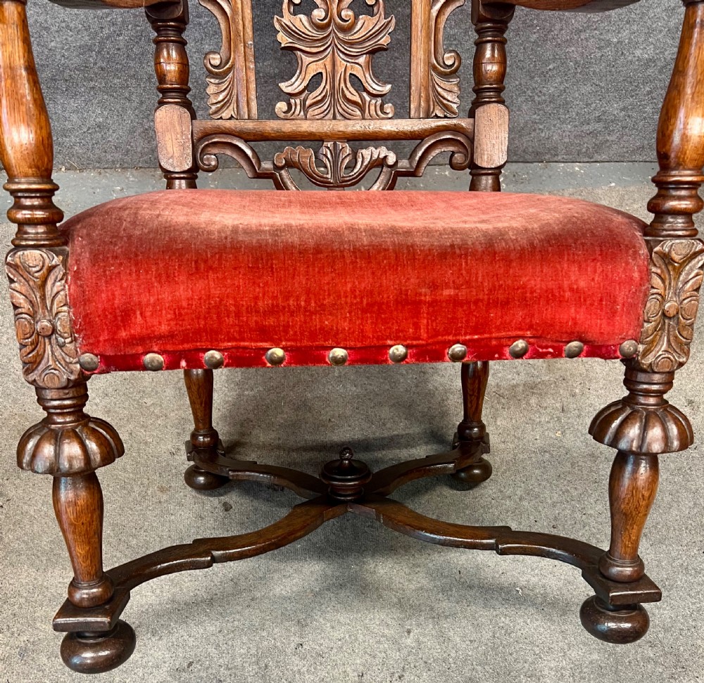 Large Pair of Carolean Style Oak Throne Chairs View VI