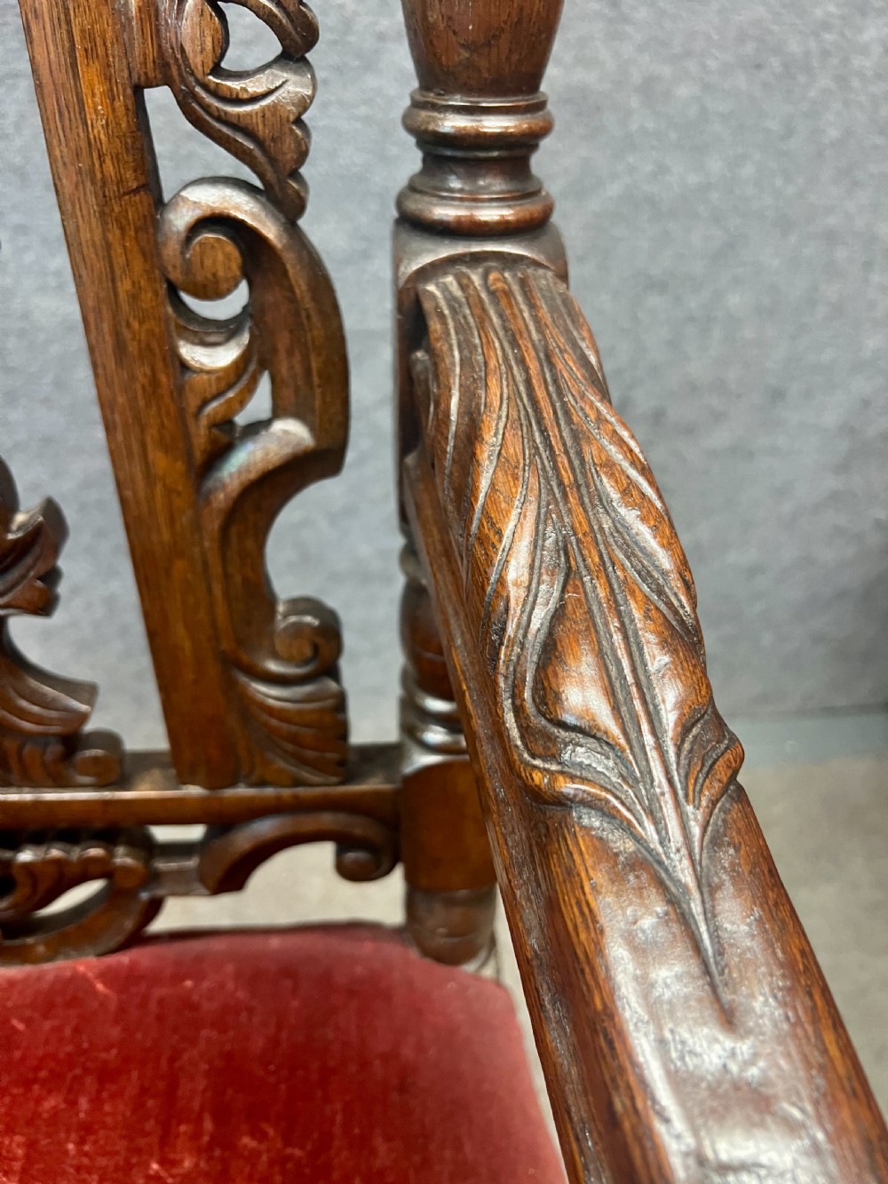 Large Pair of Carolean Style Oak Throne Chairs View IX