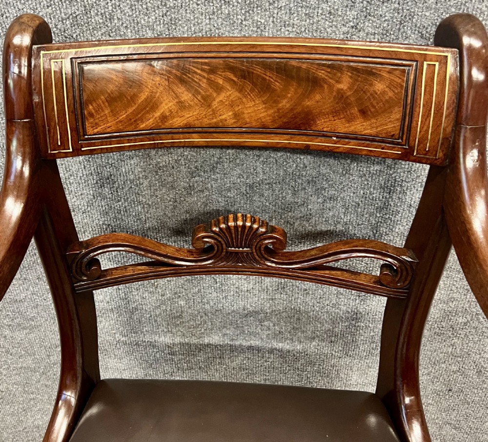 Pair Of Regency Brass Inlaid Mahogany Elbow Chairs View II