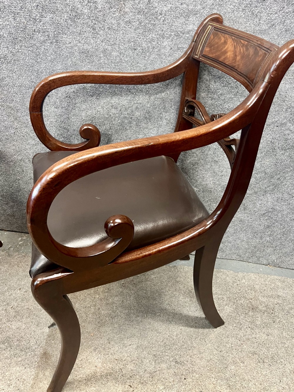Pair Of Regency Brass Inlaid Mahogany Elbow Chairs View VIII