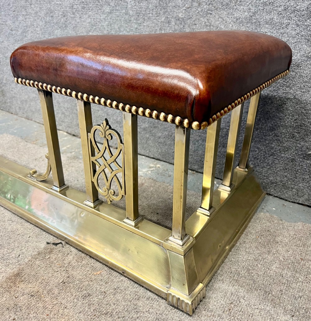 Antique Brass and Leather Seated Club Fender View II