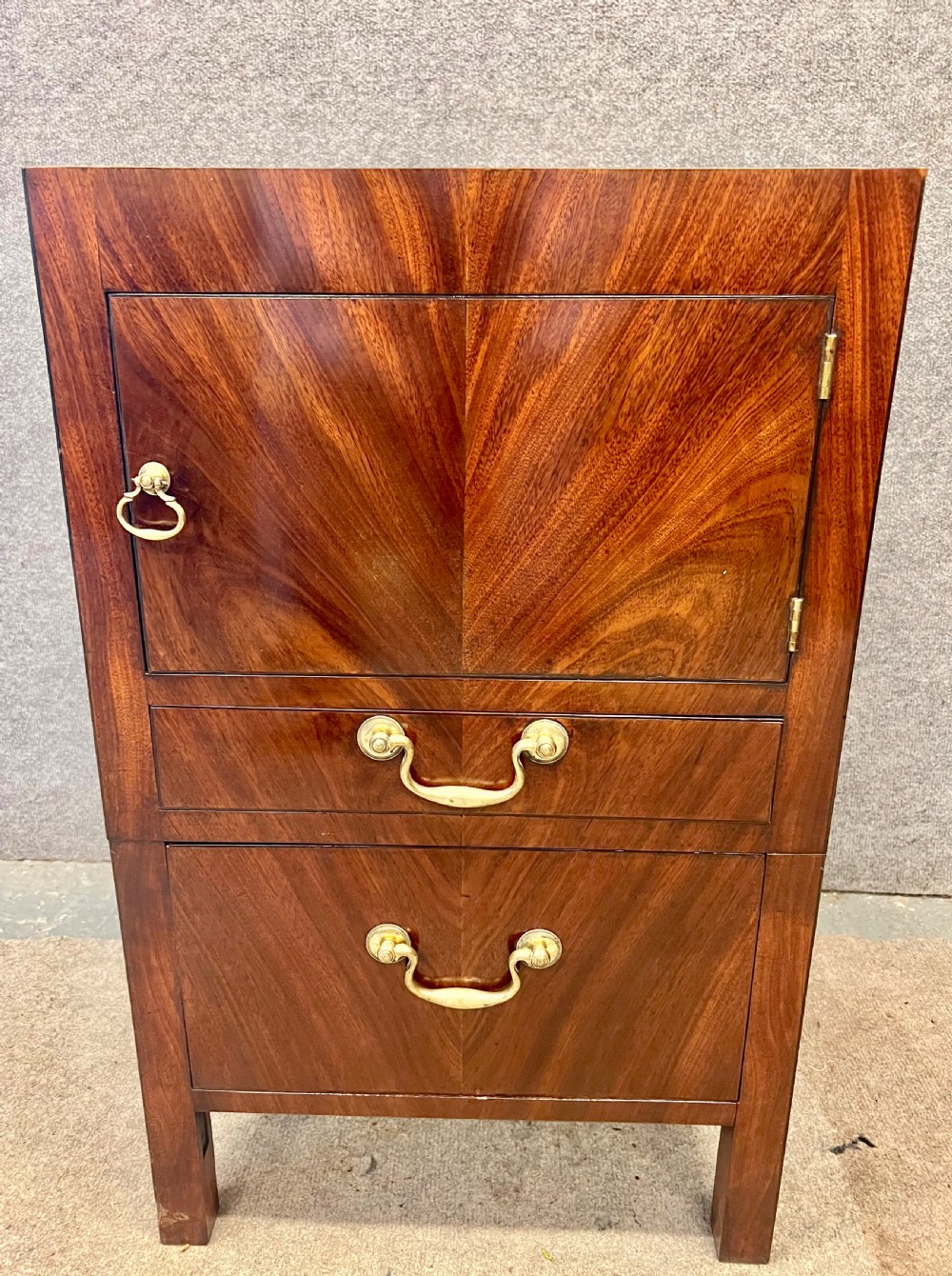 A George III mahogany bedside cabinet featuring a tray top, cupboard door, two drawers with brass swan-neck handles, and brass side carrying handles. View IV
