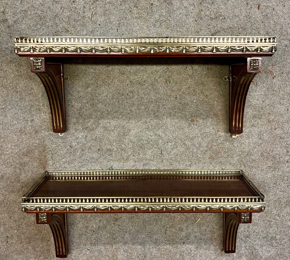 Attractive Pair of Mahogany and Brass Inlaid Wall Brackets