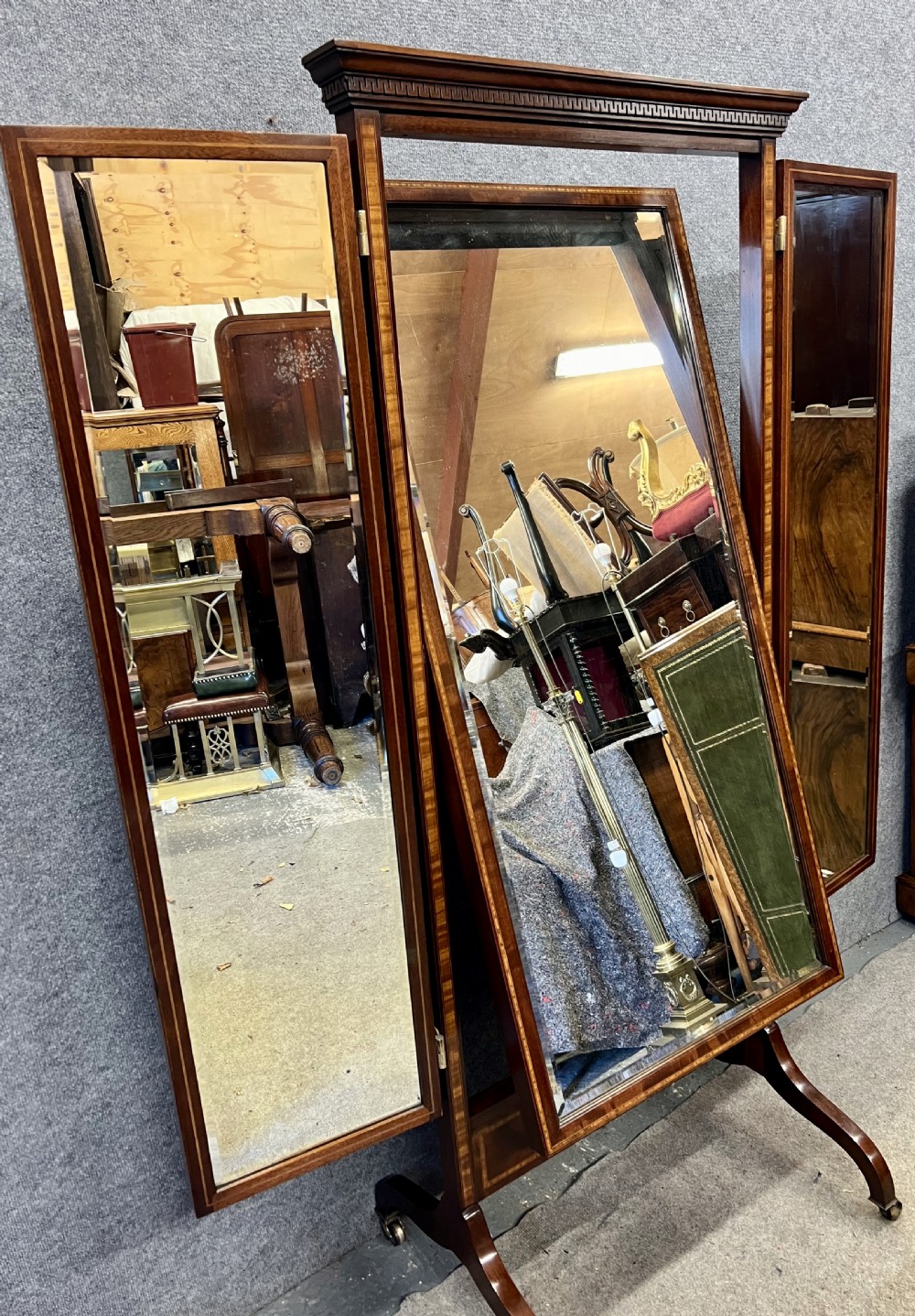 Edwardian Mahogany & Inlaid Triptych Cheval Mirror View IX