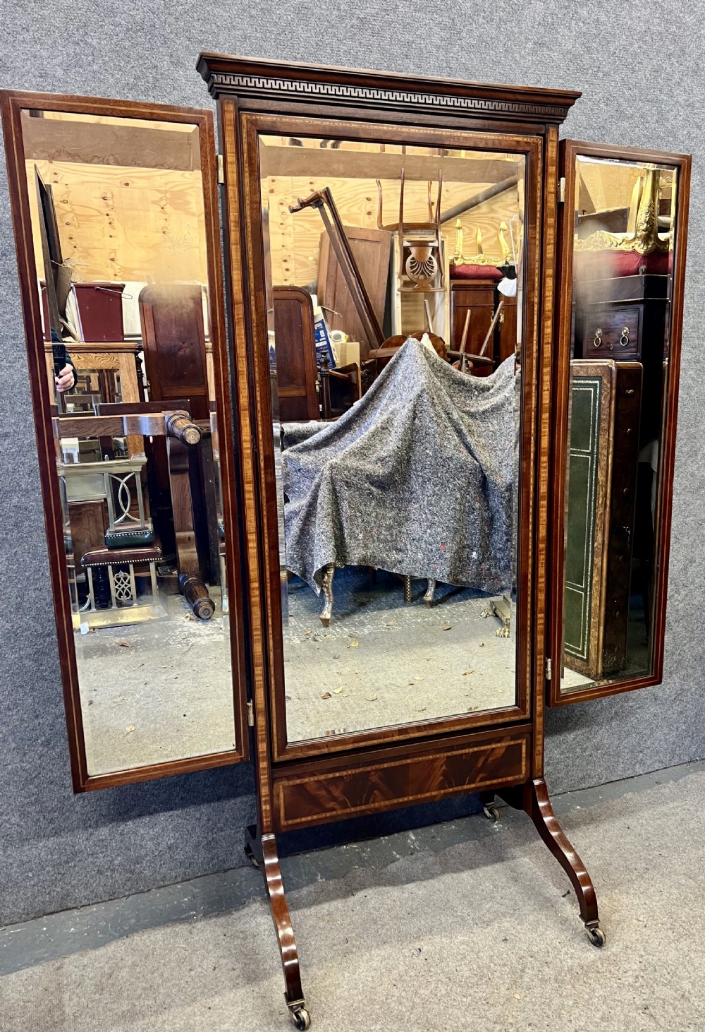 Edwardian Mahogany & Inlaid Triptych Cheval Mirror View XI