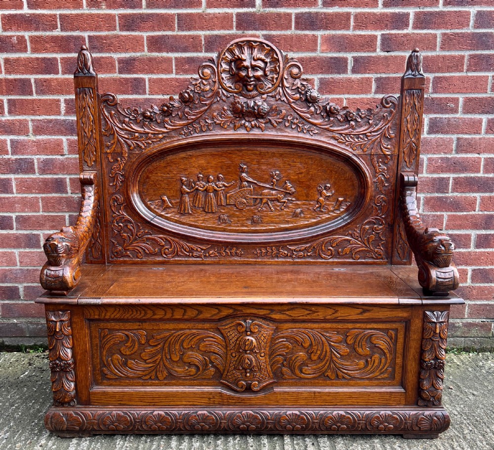 Superb Carved Oak Hall Seat Settle Monks Bench