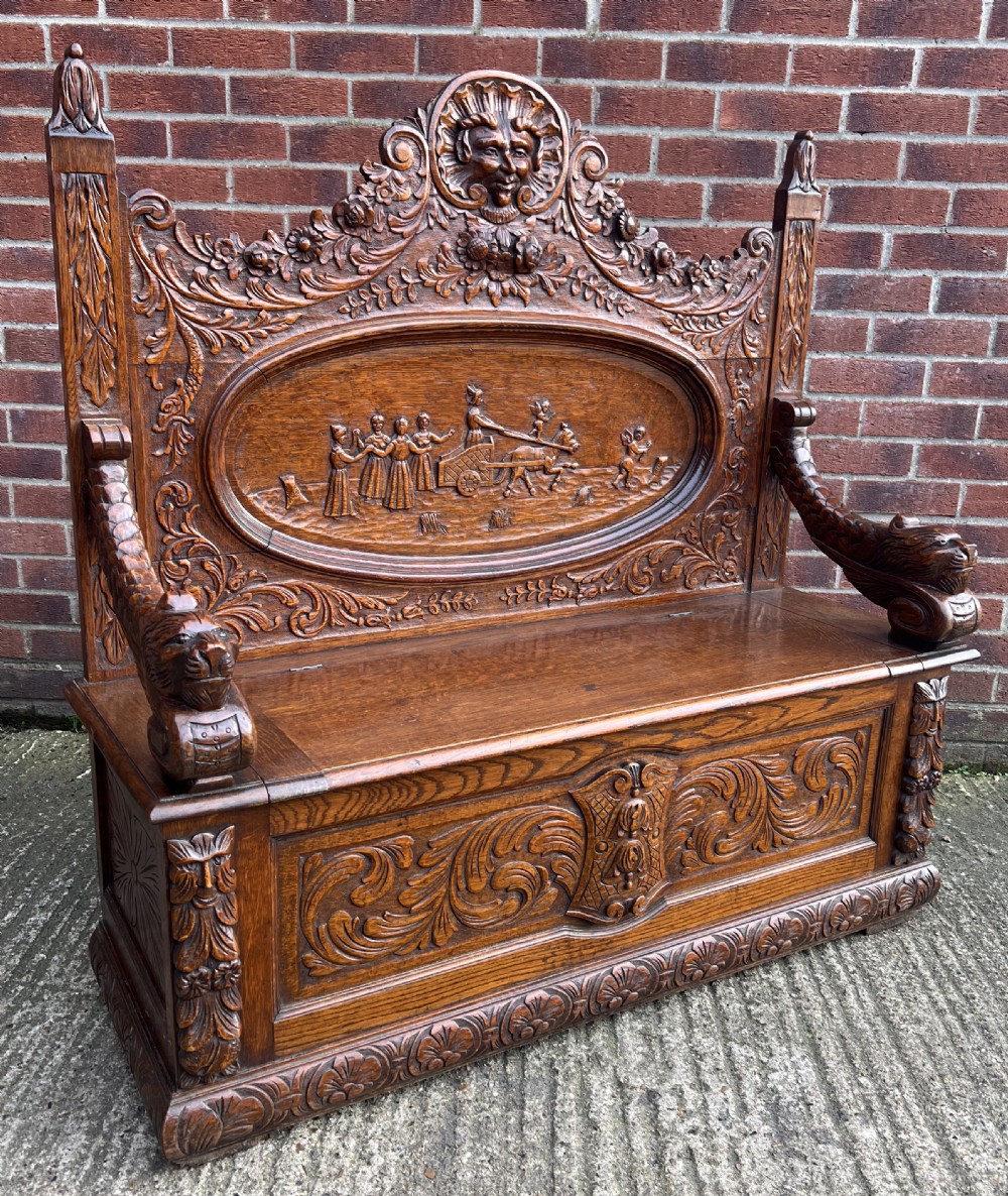 Superb Carved Oak Hall Seat Settle Monks Bench View VI