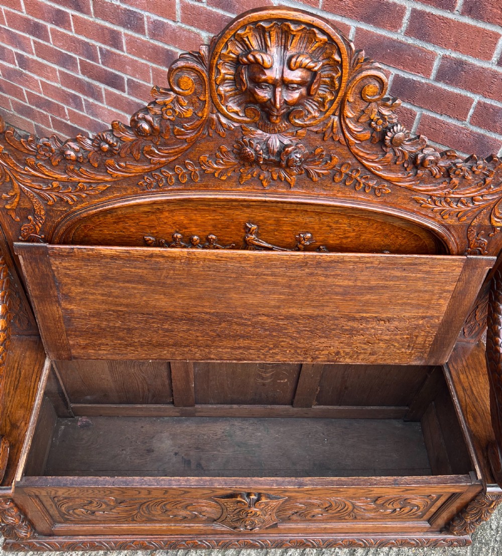Superb Carved Oak Hall Seat Settle Monks Bench View VII