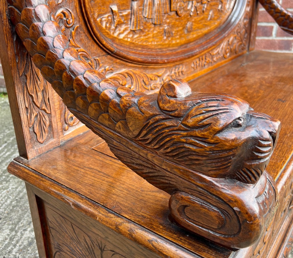 Superb Carved Oak Hall Seat Settle Monks Bench View VIII