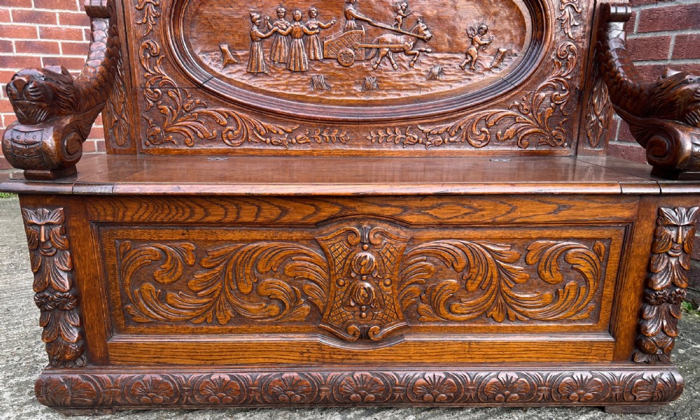 Superb Carved Oak Hall Seat Settle Monks Bench View IX
