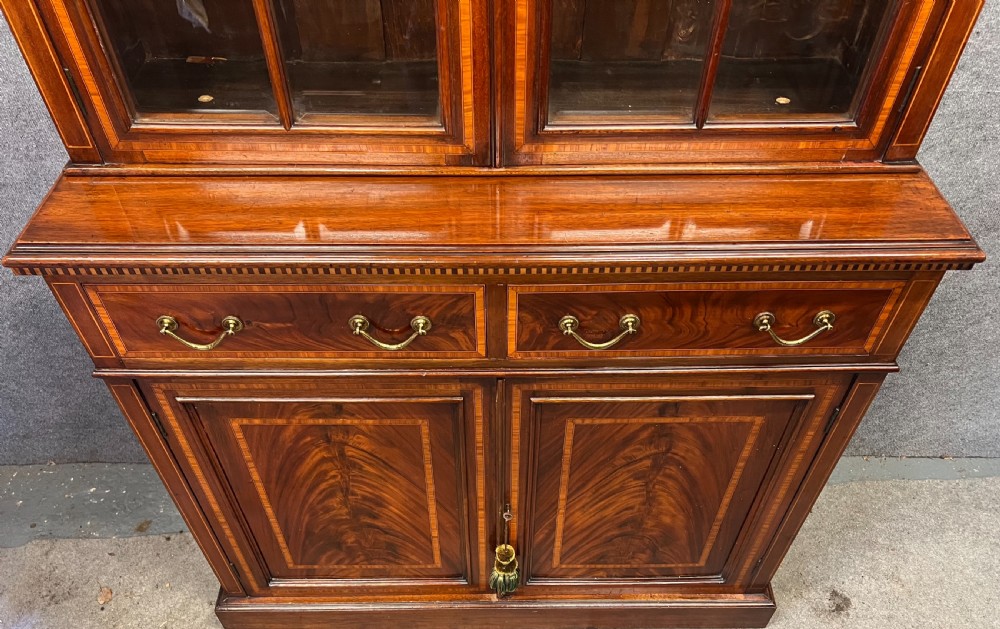 An Edwardian mahogany glazed bookcase with satinwood crossbanding, oval astragal door glazing, two drawers, and a double-door lower cupboard. View VIII