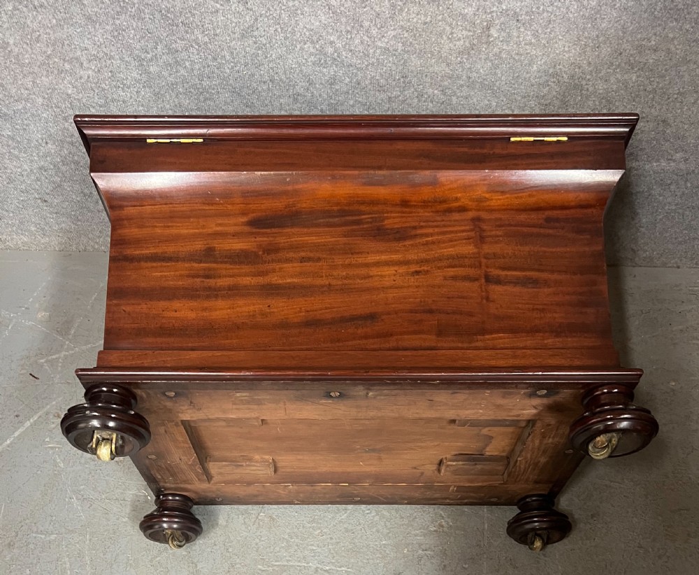 A sarcophagus-shaped antique mahogany wine cellarette with a flared lid, tapered sides, and carved turned feet. View X