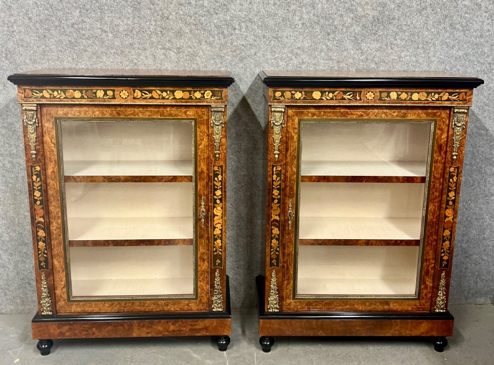 An Attractive Pair of Victorian Style Burr Walnut & Marquetry Side Cabinets