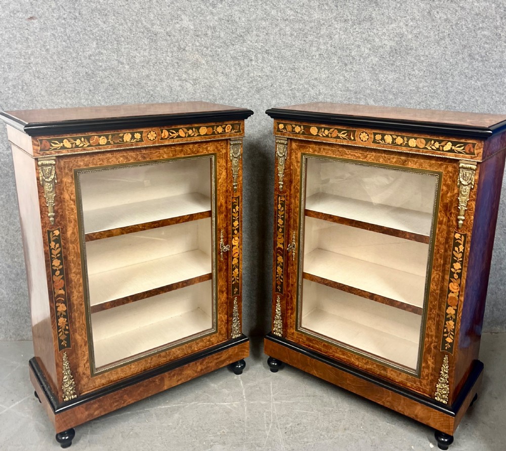 An Attractive Pair of Victorian Style Burr Walnut & Marquetry Side Cabinets View II