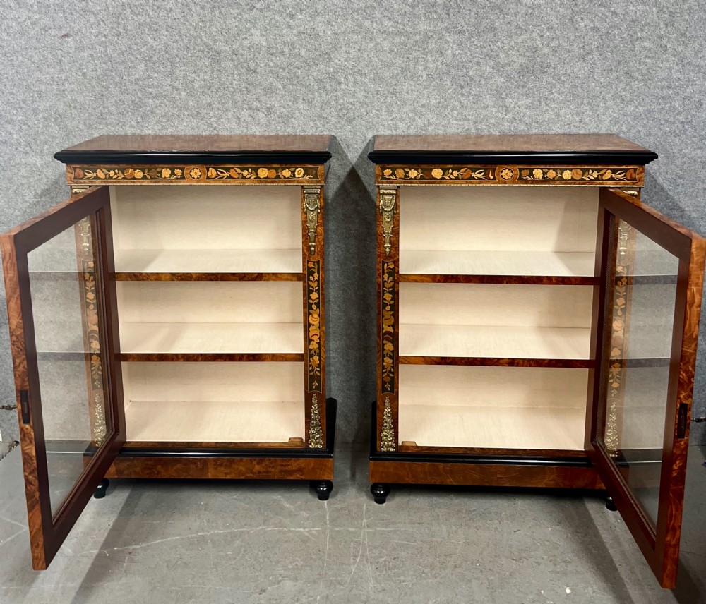 An Attractive Pair of Victorian Style Burr Walnut & Marquetry Side Cabinets View IV