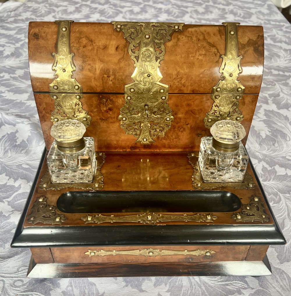 Victorian Chased Brass and Burr Walnut Desk Stand