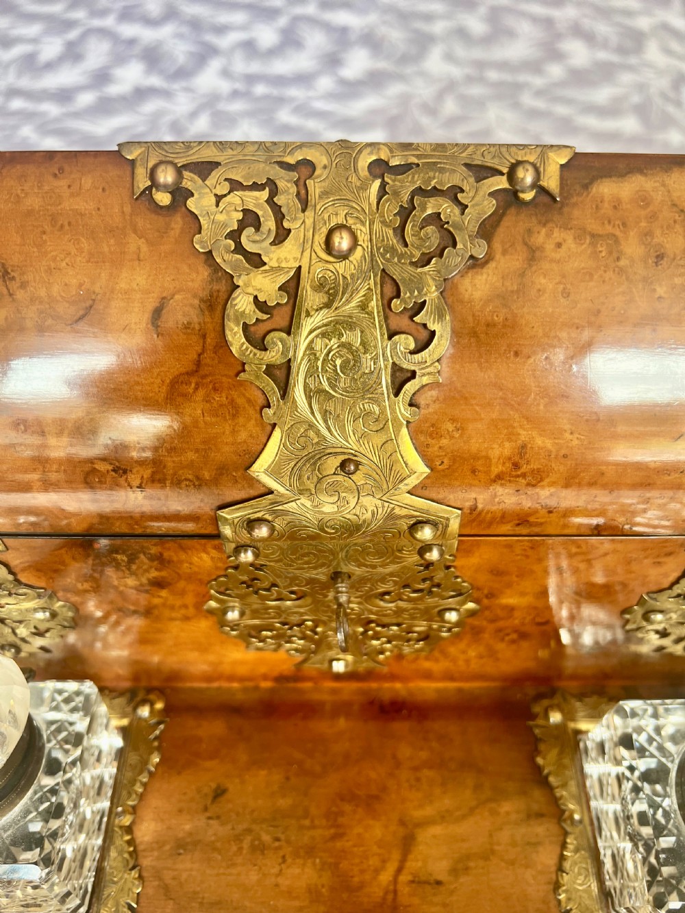 Victorian Chased Brass and Burr Walnut Desk Stand View VII