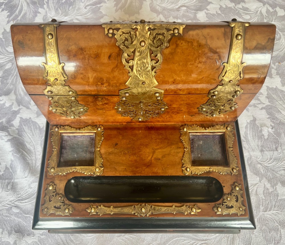 Victorian Chased Brass and Burr Walnut Desk Stand View VIII