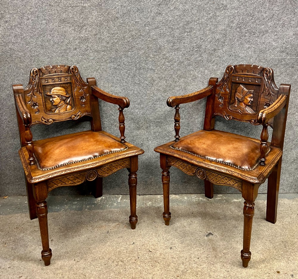 Pair of Carved & Leather Seated Chairs