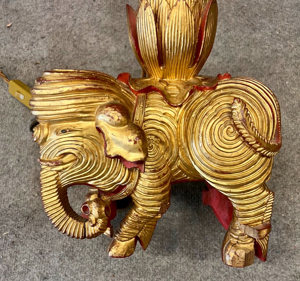 Chinese Lacquer & Gilded Carved Elephant Lamp View III