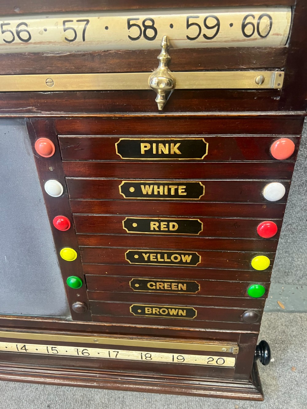 An antique dark mahogany snooker scoreboard featuring sliding pointer bars with coloured markers, brass fittings, and a central slate panel. View II