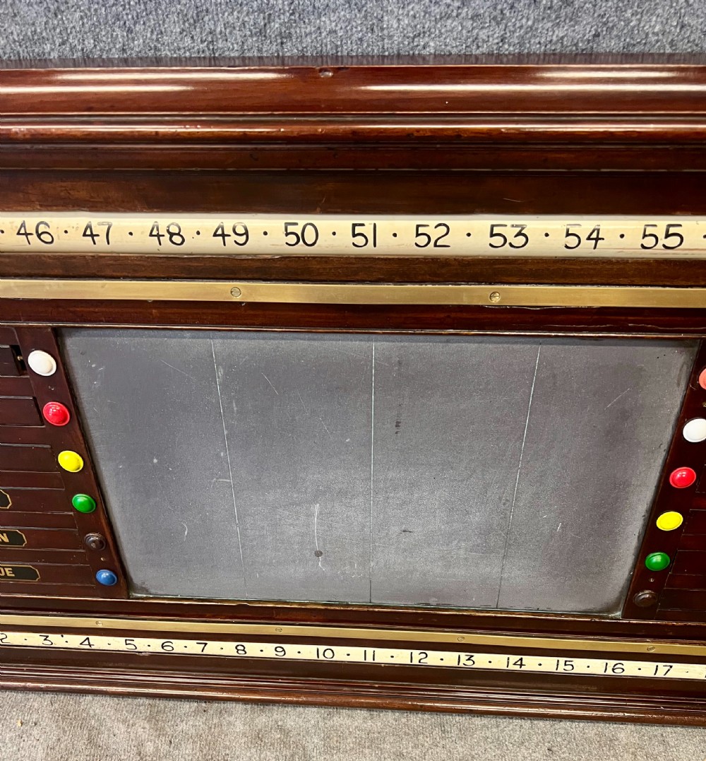 An antique dark mahogany snooker scoreboard featuring sliding pointer bars with coloured markers, brass fittings, and a central slate panel. View IV