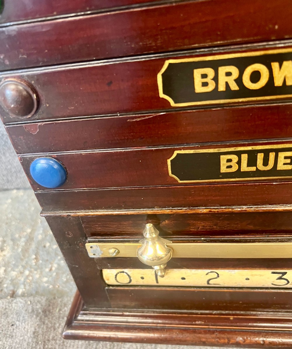 An antique dark mahogany snooker scoreboard featuring sliding pointer bars with coloured markers, brass fittings, and a central slate panel. View VI