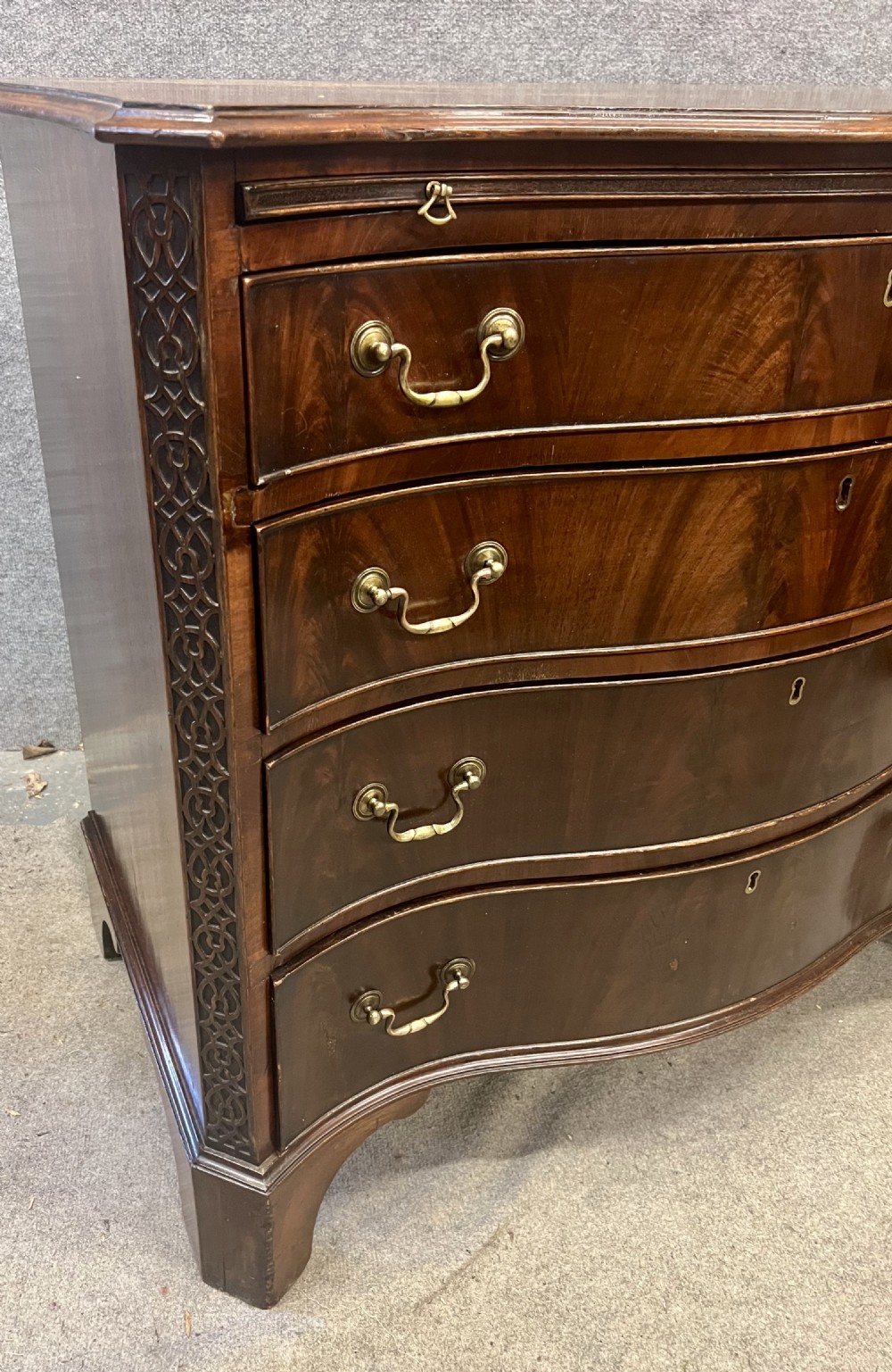 Antique Figured Mahogany Serpentine Shaped Chest of Drawers View IV