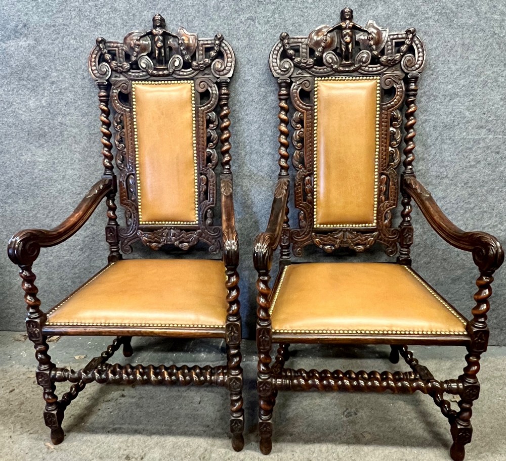 Superb Pair of 19th.C Carolean Style Walnut Armchairs